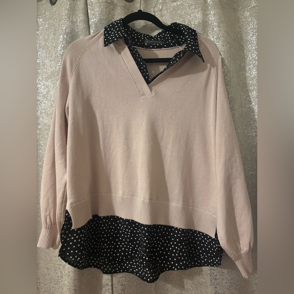 Adrianna Papell Beige and Black Polka Dot Sweater